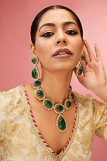 Yellow Gold Finish Moissanite Polki & Emerald Necklace Set In Sterling Silver