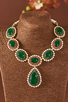 Yellow Gold Finish Moissanite Polki & Emerald Necklace Set In Sterling Silver