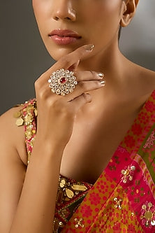 Yellow Gold Finish Moissanite Polki & Ruby Stone Ring In Sterling Silver