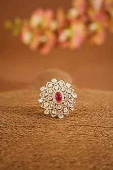 Yellow Gold Finish Moissanite Polki & Ruby Stone Ring In Sterling Silver