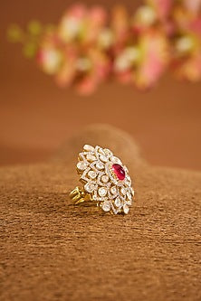 Yellow Gold Finish Moissanite Polki & Ruby Stone Ring In Sterling Silver