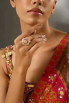 Yellow Gold Finish Moissanite Polki & Ruby Stone Ring In Sterling Silver