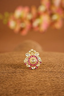 Yellow Gold Finish Moissanite Polki & Ruby Stone Ring In Sterling Silver