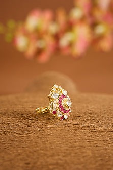 Yellow Gold Finish Moissanite Polki & Ruby Stone Ring In Sterling Silver