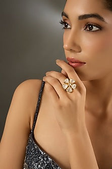 Yellow Gold Finish Moissanite Polki Ring In Sterling Silver