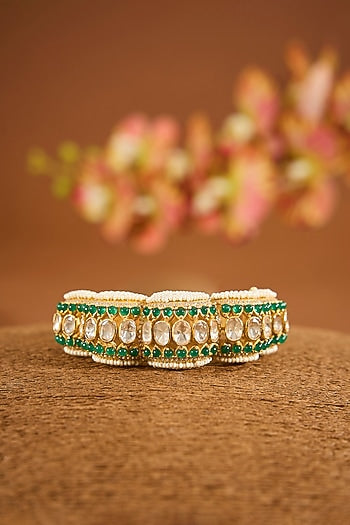 Yellow Gold Finish Moissanite Polki & Emerald Stone Bracelet In Sterling Silver