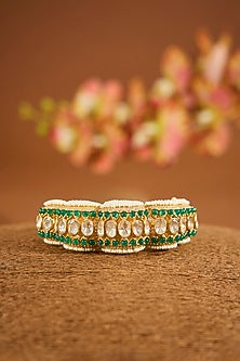 Yellow Gold Finish Moissanite Polki & Emerald Stone Bracelet In Sterling Silver