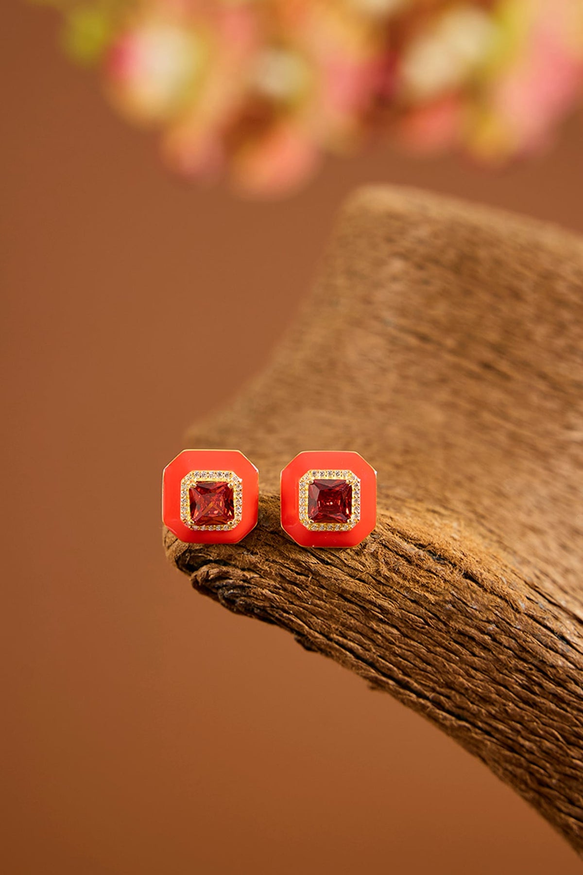 Yellow Gold Finish Ruby Stone & Red Enameled Stud Earrings In Sterling Silver