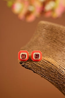 Yellow Gold Finish Ruby Stone & Red Enameled Stud Earrings In Sterling Silver