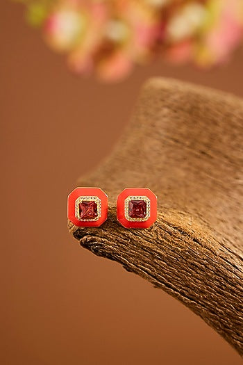 Yellow Gold Finish Ruby Stone & Red Enameled Stud Earrings In Sterling Silver