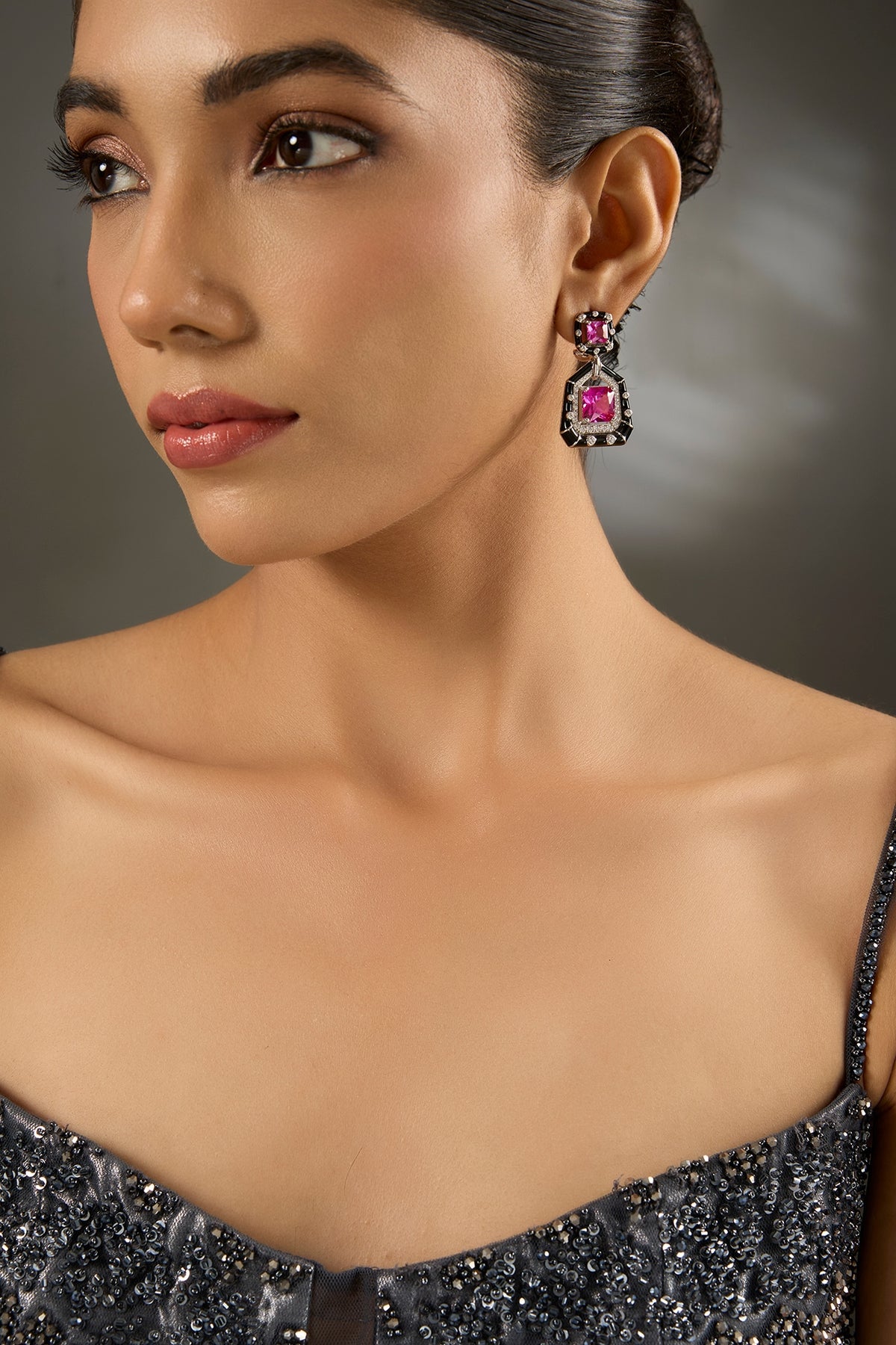 White Gold Finish Zircon & Ruby Stone Enameled Dangler Earrings In Sterling Silver