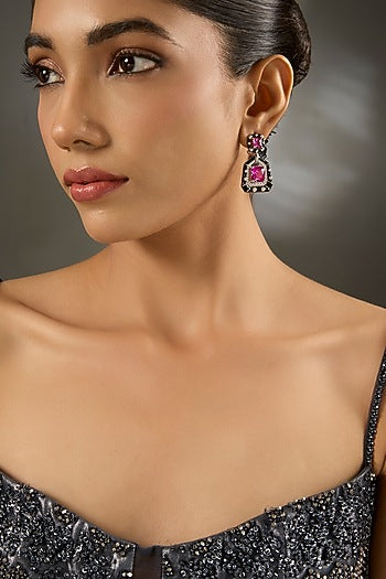 White Gold Finish Zircon & Ruby Stone Enameled Dangler Earrings In Sterling Silver