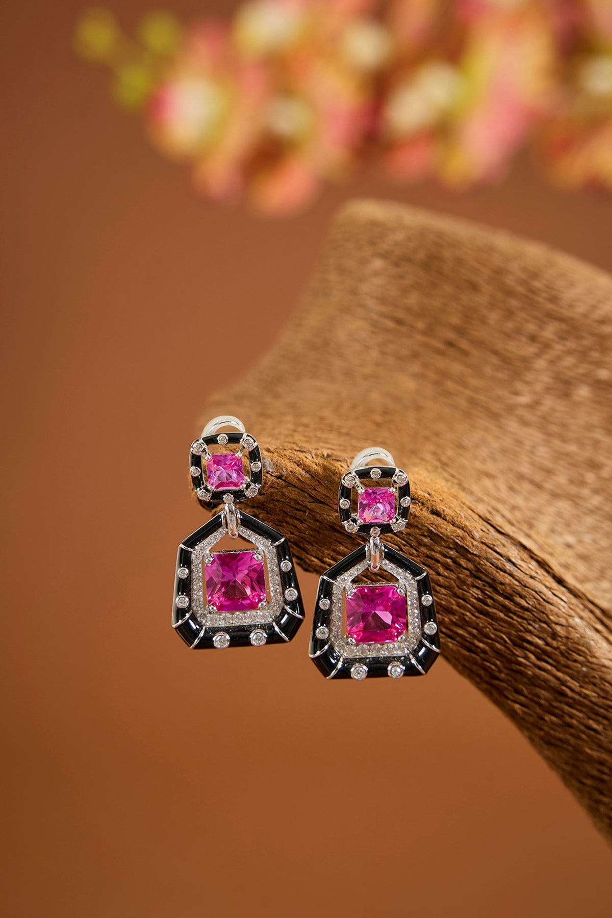White Gold Finish Zircon & Ruby Stone Enameled Dangler Earrings In Sterling Silver