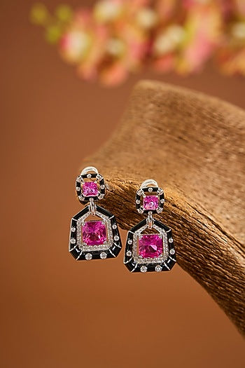White Gold Finish Zircon & Ruby Stone Enameled Dangler Earrings In Sterling Silver
