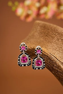 White Gold Finish Zircon & Ruby Stone Enameled Dangler Earrings In Sterling Silver