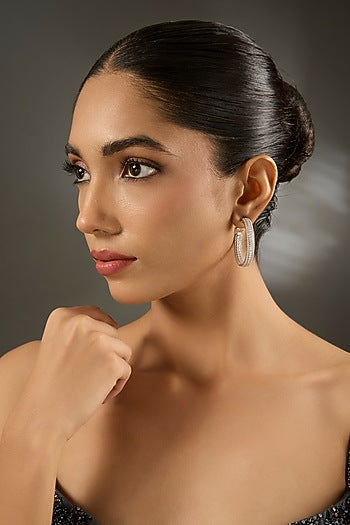 White Gold Finish Eurostar Zircon Hoop Earrings In Sterling Silver