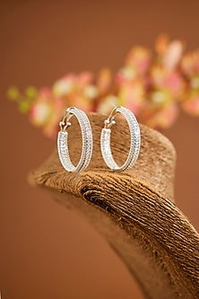 White Gold Finish Eurostar Zircon Hoop Earrings In Sterling Silver