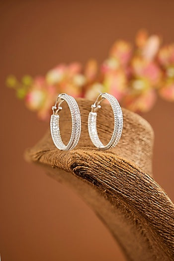 White Gold Finish Eurostar Zircon Hoop Earrings In Sterling Silver