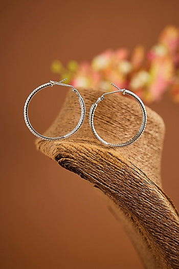 White Gold Finish Eurostar Zircon Hoop Earrings In Sterling Silver