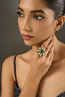 Yellow Gold Finish Moissanite Polki & Emerald Stone Ring In Sterling Silver