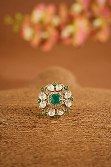 Yellow Gold Finish Moissanite Polki & Emerald Stone Ring In Sterling Silver