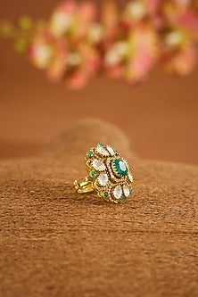 Yellow Gold Finish Moissanite Polki & Emerald Stone Ring In Sterling Silver