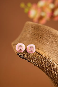 Yellow Gold Finish Pink Sapphire Stone & Enameled Stud Earrings In Sterling Silver