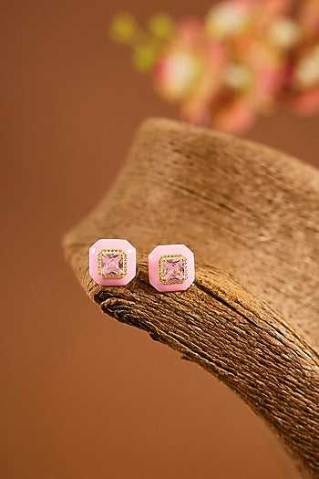 Yellow Gold Finish Pink Sapphire Stone & Enameled Stud Earrings In Sterling Silver