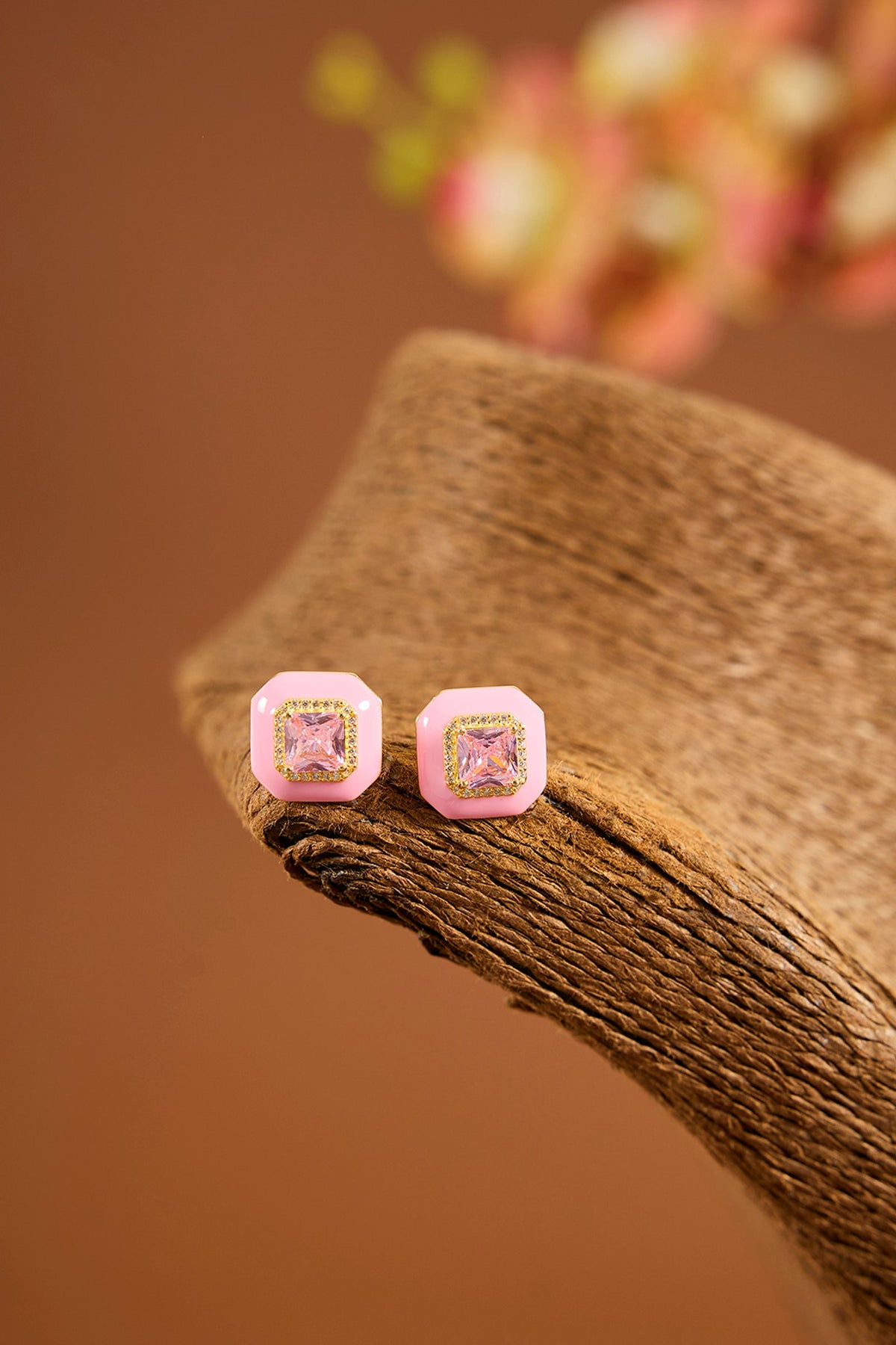 Yellow Gold Finish Pink Sapphire Stone & Enameled Stud Earrings In Sterling Silver
