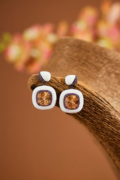 White Gold Finish Zircon & Quartz Stone Dangler Earrings In Sterling Silver