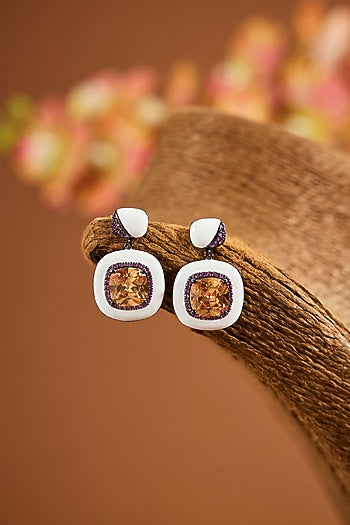 White Gold Finish Zircon & Quartz Stone Dangler Earrings In Sterling Silver