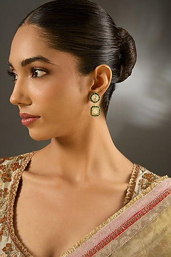 Yellow Gold Finish Moissanite Polki & Emerald Stone Dangler Earrings In Sterling Silver