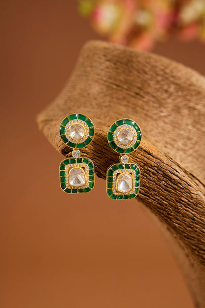Yellow Gold Finish Moissanite Polki & Emerald Stone Dangler Earrings In Sterling Silver