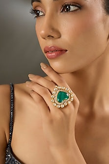 Yellow Gold Finish Moissanite Polki & Emerald Stone Ring In Sterling Silver