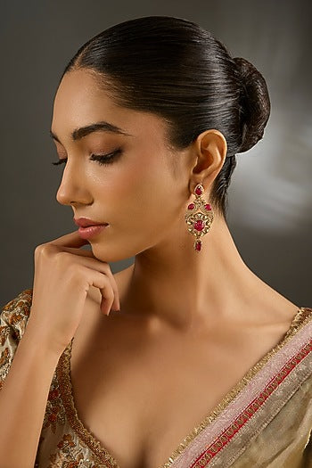 Yellow Gold Finish Moissanite Polki & Ruby Stone Dangler Earrings In Sterling Silver