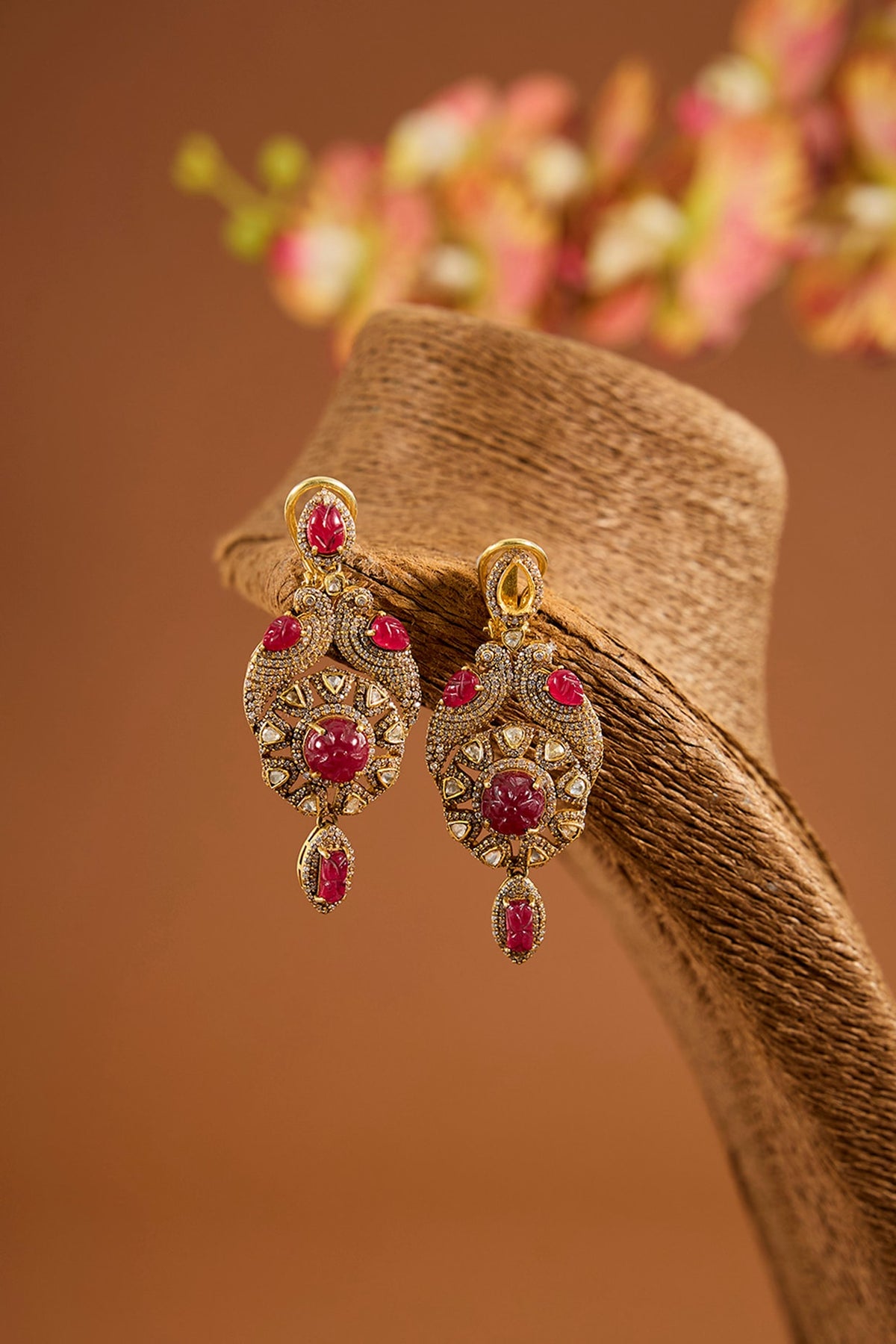 Yellow Gold Finish Moissanite Polki & Ruby Stone Dangler Earrings In Sterling Silver