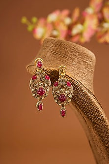 Yellow Gold Finish Moissanite Polki & Ruby Stone Dangler Earrings In Sterling Silver