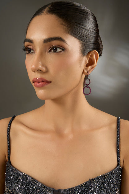 Black Rhodium Finish Ruby Stone Dangler Earrings In Sterling Silver