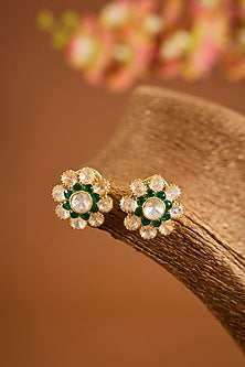 Yellow Gold Finish Moissanite Polki & Emerald Stone Stud Earrings In Sterling Silver