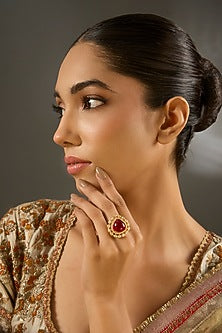 Gold Finish Moissanite Polki & Ruby Stone Ring In Sterling Silver