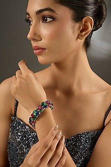White Finish Zircon & Multi-Colored Stone Bracelet In Sterling Silver