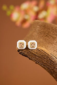 Yellow Gold Finish Onyx & Agate Stone Enameled Stud Earrings In Sterling Silver