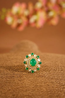 Yellow Gold Finish Moissanite Polki & Emerald Stone Ring In Sterling Silver