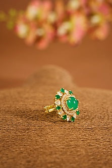 Yellow Gold Finish Moissanite Polki & Emerald Stone Ring In Sterling Silver