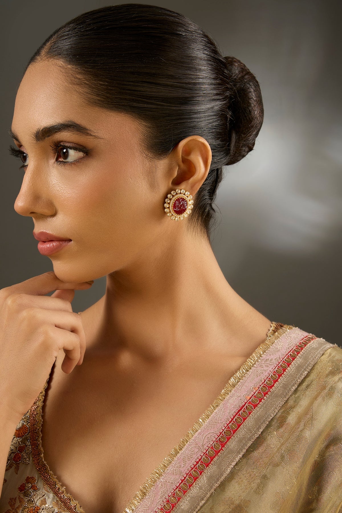 Yellow Gold Finish Moissanite Polki & Ruby Stone Stud Earrings In Sterling Silver