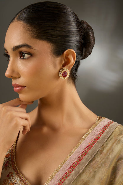 Yellow Gold Finish Moissanite Polki & Ruby Stone Stud Earrings In Sterling Silver