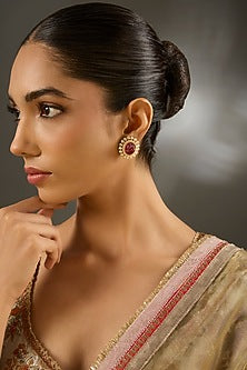 Yellow Gold Finish Moissanite Polki & Ruby Stone Stud Earrings In Sterling Silver