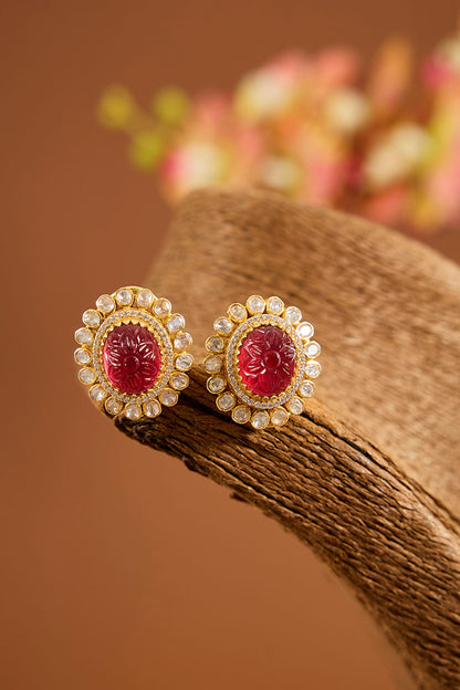 Yellow Gold Finish Moissanite Polki & Ruby Stone Stud Earrings In Sterling Silver