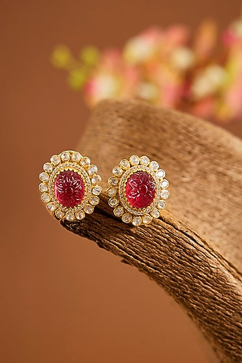 Yellow Gold Finish Moissanite Polki & Ruby Stone Stud Earrings In Sterling Silver