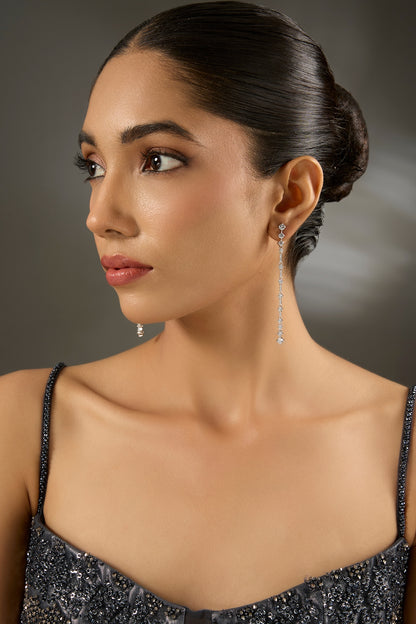 White Finish Eurostar Zircon Dangler Earrings In Sterling Silver